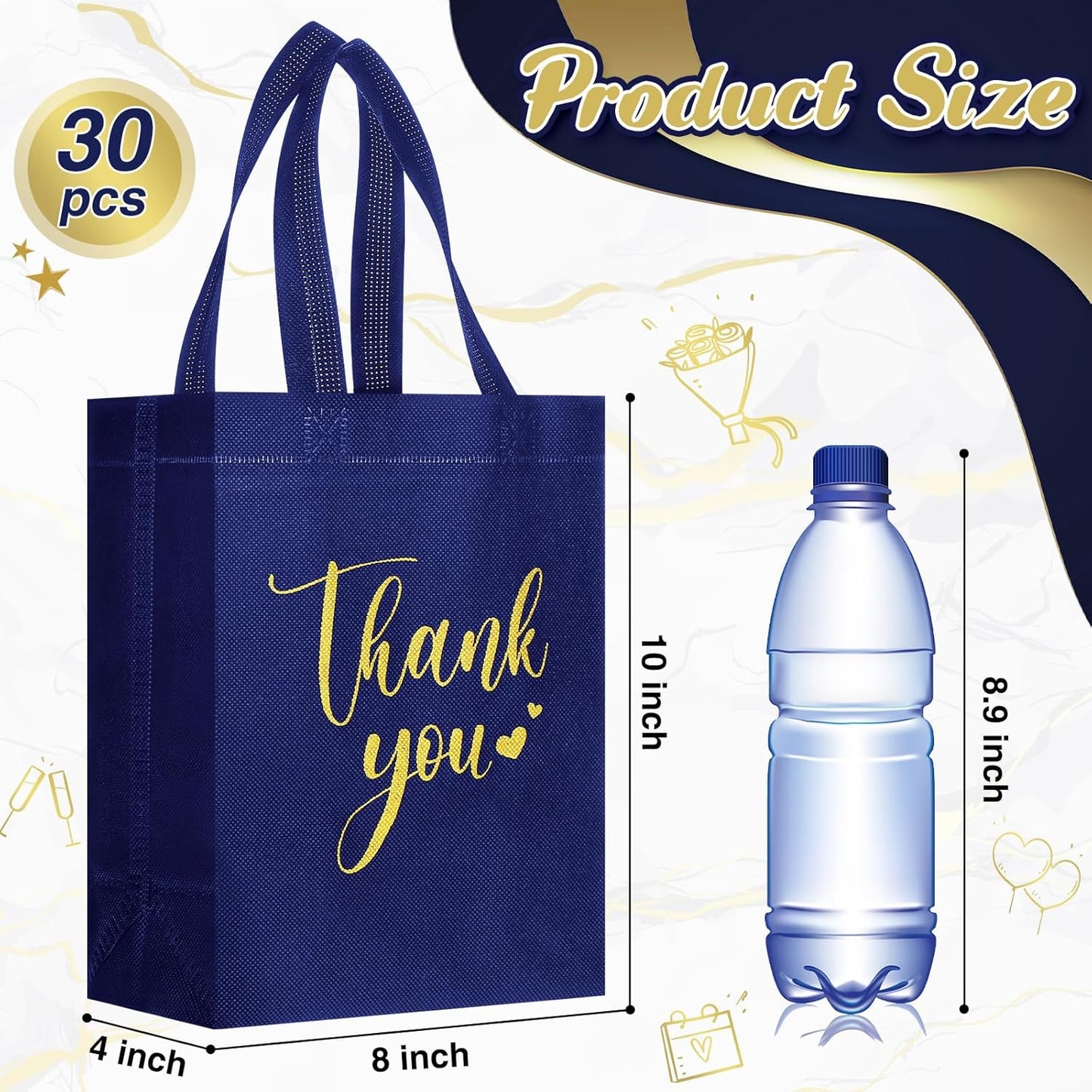 Sweetude 30 Pcs Thank You Gift Bags with Handles Bulk Reusable Goodie Bag Non Woven Foldable Handbag for Graduation Wedding Bridesmaid Gifts(10 x 8 x 4 Inch,Navy Blue)