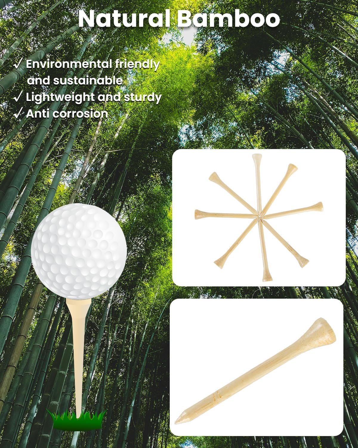 Bamboo Golf Tees 1000 PCS, 2-3/4 inch(70mm) & 3-1/4 inch (83mm) Length, Stronger Than Wood Tees