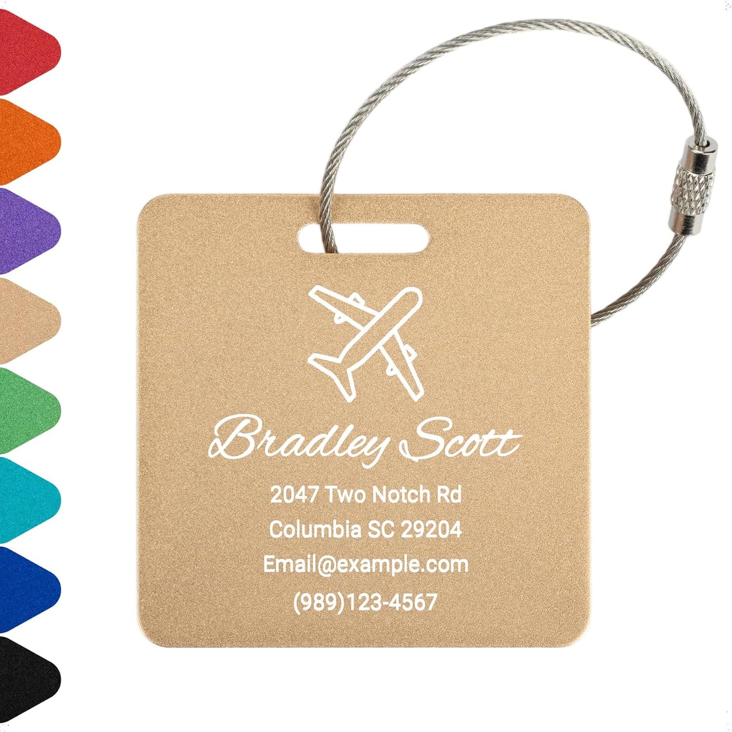 Personalized Luggage Tags for Suitcases Custom Metal Name Tags for Backpacks Bags Travel - Square (Gold)
