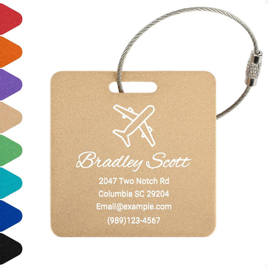 Personalized Luggage Tags for Suitcases Custom Metal Name Tags for Backpacks Bags Travel - Square (Gold)