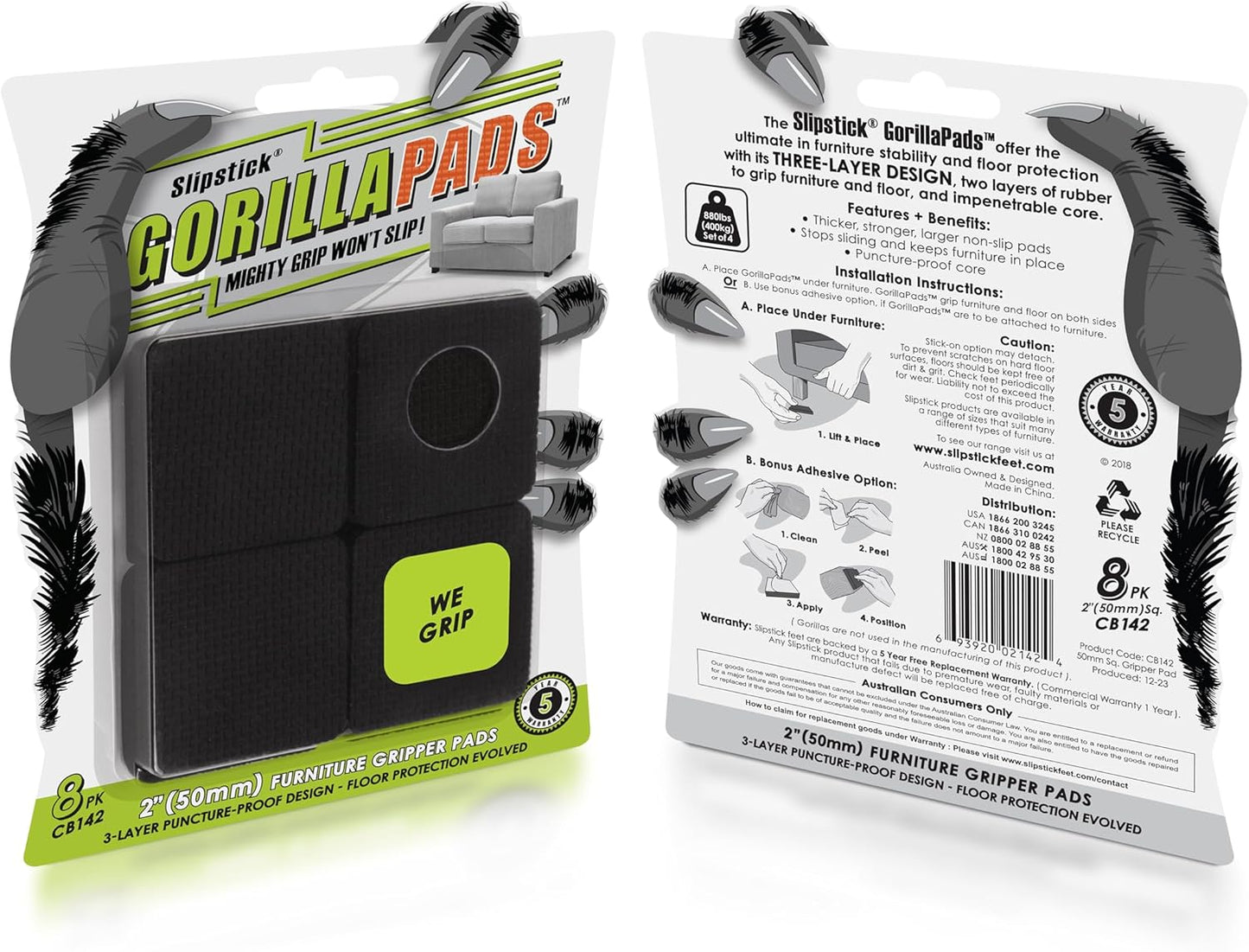 Slipstick GorillaPads CB142 Non-Slip Furniture Pads/Grippers (Set of 8) Furniture Leg Floor Protectors, 2 Inch Square, Black