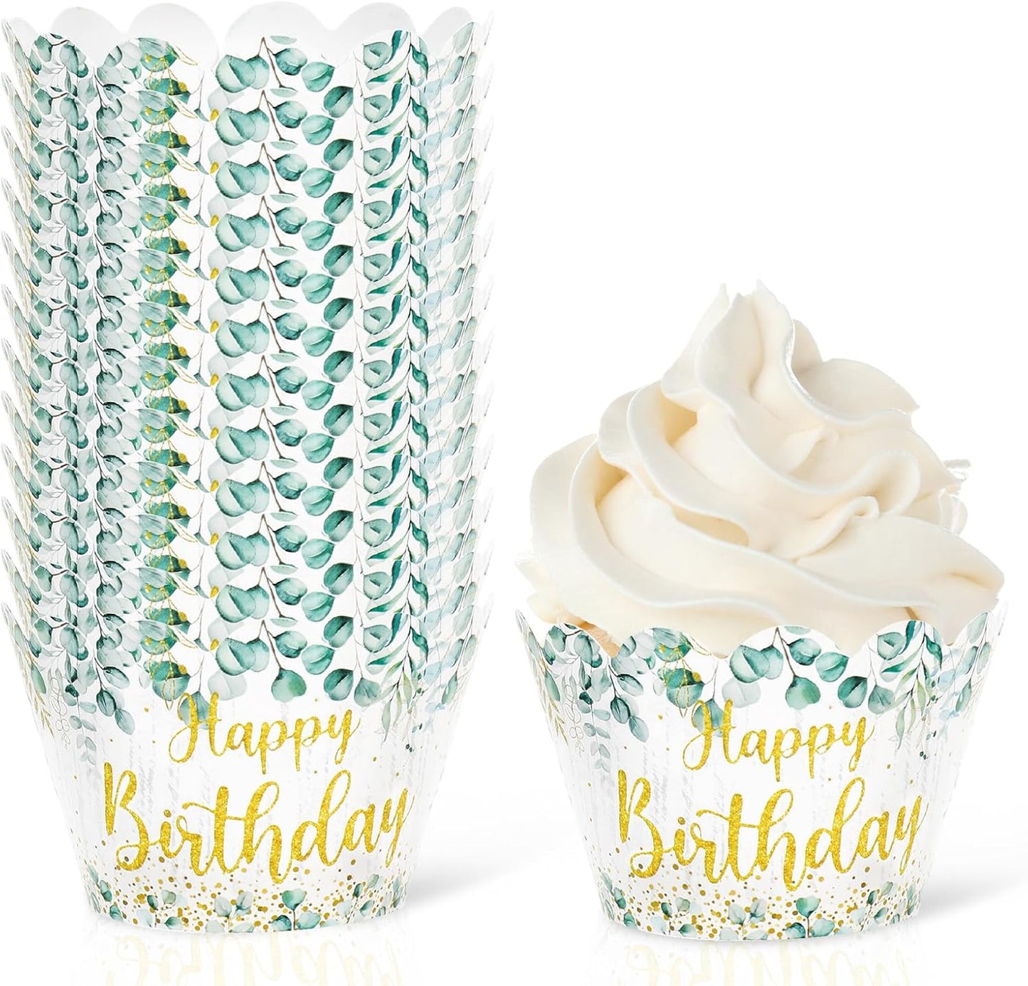 Whaline 36Pcs Happy Birthday Cupcake Wrappers Sage Green Eucalyptus Cupcake Liners Glitter Gold Birthday Decorative Cupcake Holders for Baby Shower Party Cake Decoration
