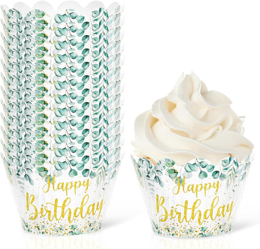 Whaline 36Pcs Happy Birthday Cupcake Wrappers Sage Green Eucalyptus Cupcake Liners Glitter Gold Birthday Decorative Cupcake Holders for Baby Shower Party Cake Decoration