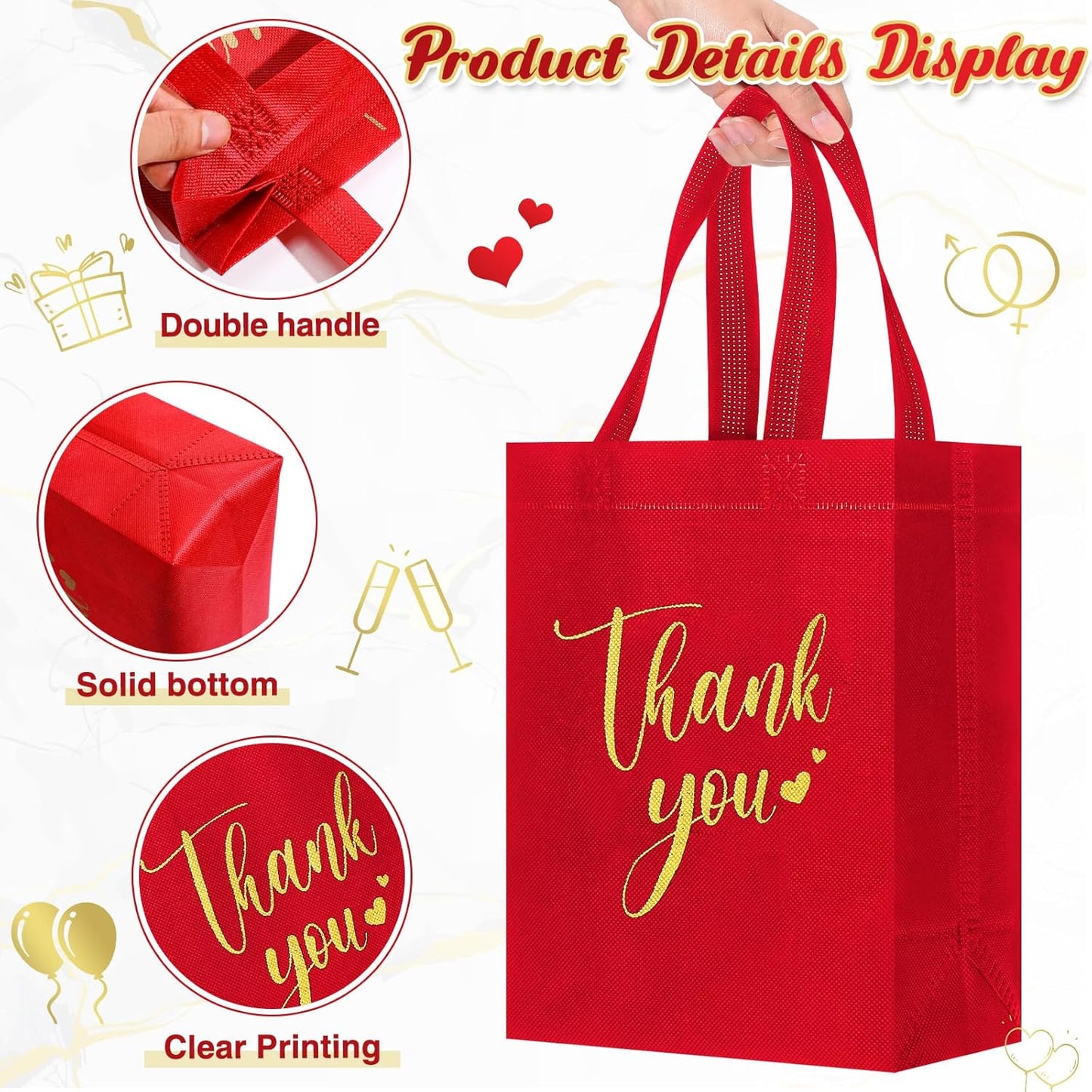 Sweetude 30 Pcs Thank You Gift Bags with Handles Bulk Reusable Goodie Bag Non Woven Foldable Handbag for Graduation Wedding Bridesmaid Gifts(10 x 8 x 4 Inch,Red)