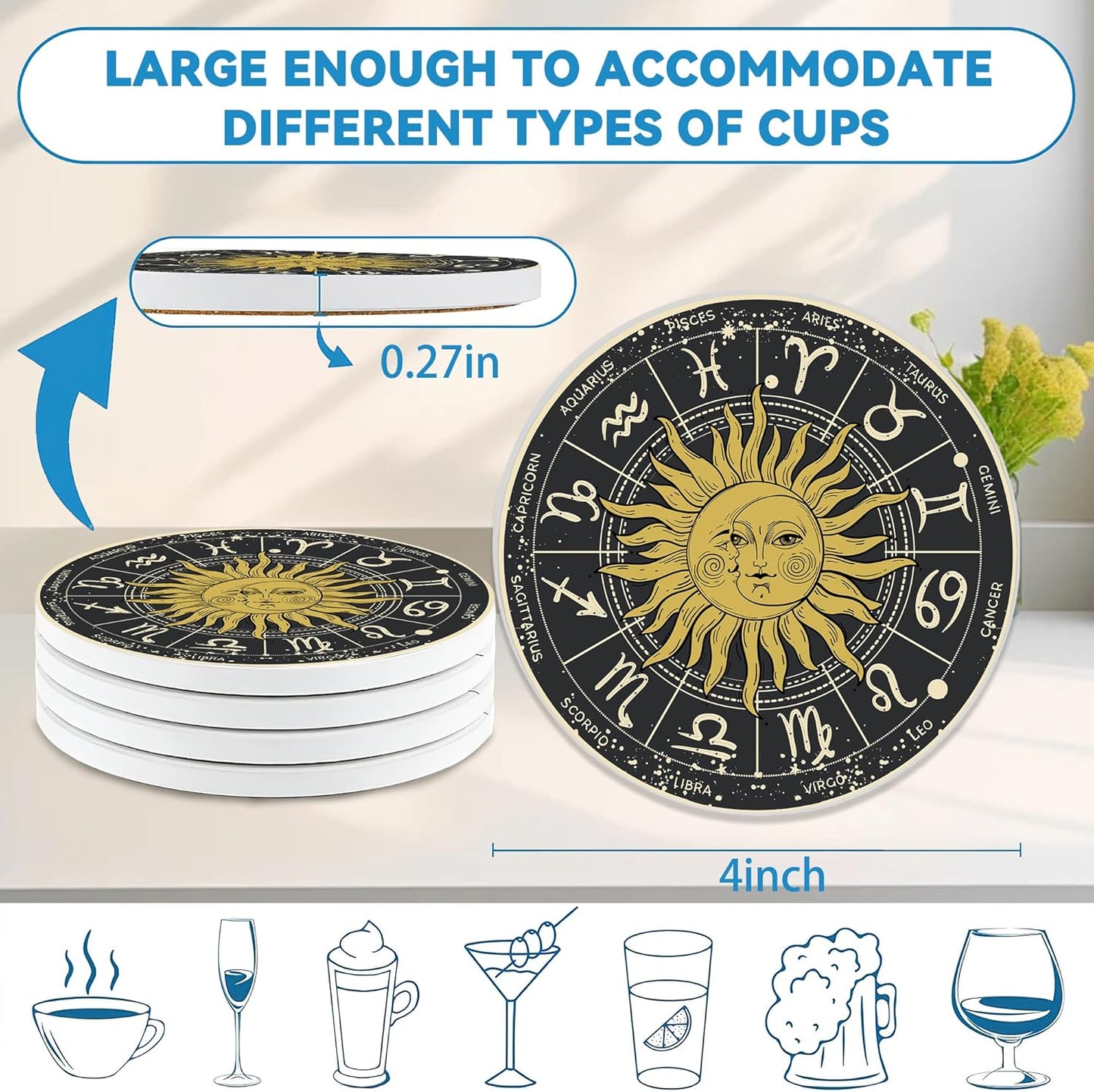 Drinks Coasters Set of 4, Moon Sun Zodic Sign Round 4" Cup Coasters, Absorbent Ceramic Stone Coasters with Cork Base, Cute Coasters for Table Home Décor, Ideal Gifts for Women Men