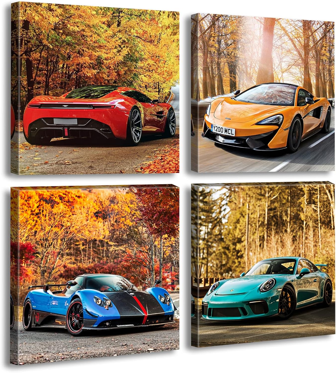 DJSYLIFE Car Posters Boys Room Decor Wall Art Giclee Canvas Prints Autumn Landscape Red Sport Car Pictures Modern Artwork for Bedroom Home Decorations Painting 12x12 inchesx4 Framed Ready to Hang