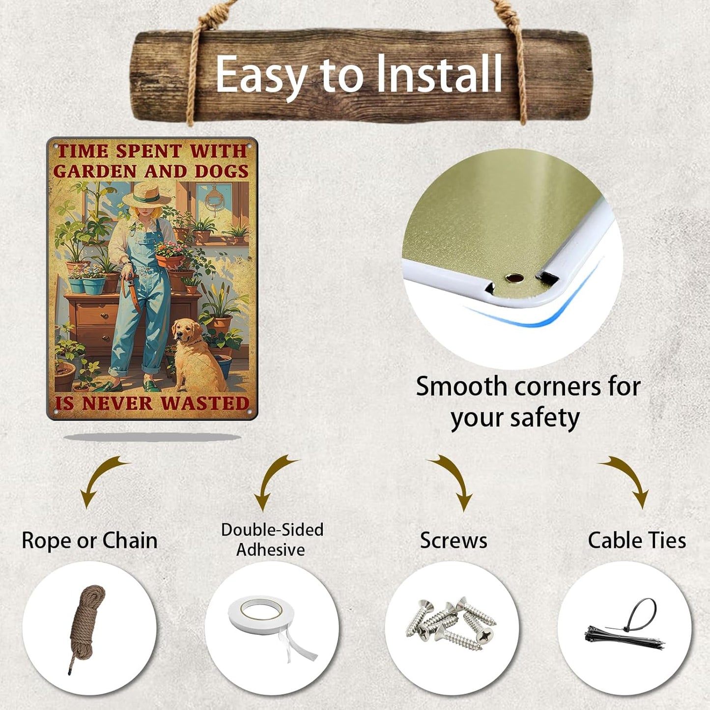 Vintage Garden Time Spent with Garden and Dogs is Never Wasted Metal Tin Sign 8x12 Inch Home Restaurant Wall Decor