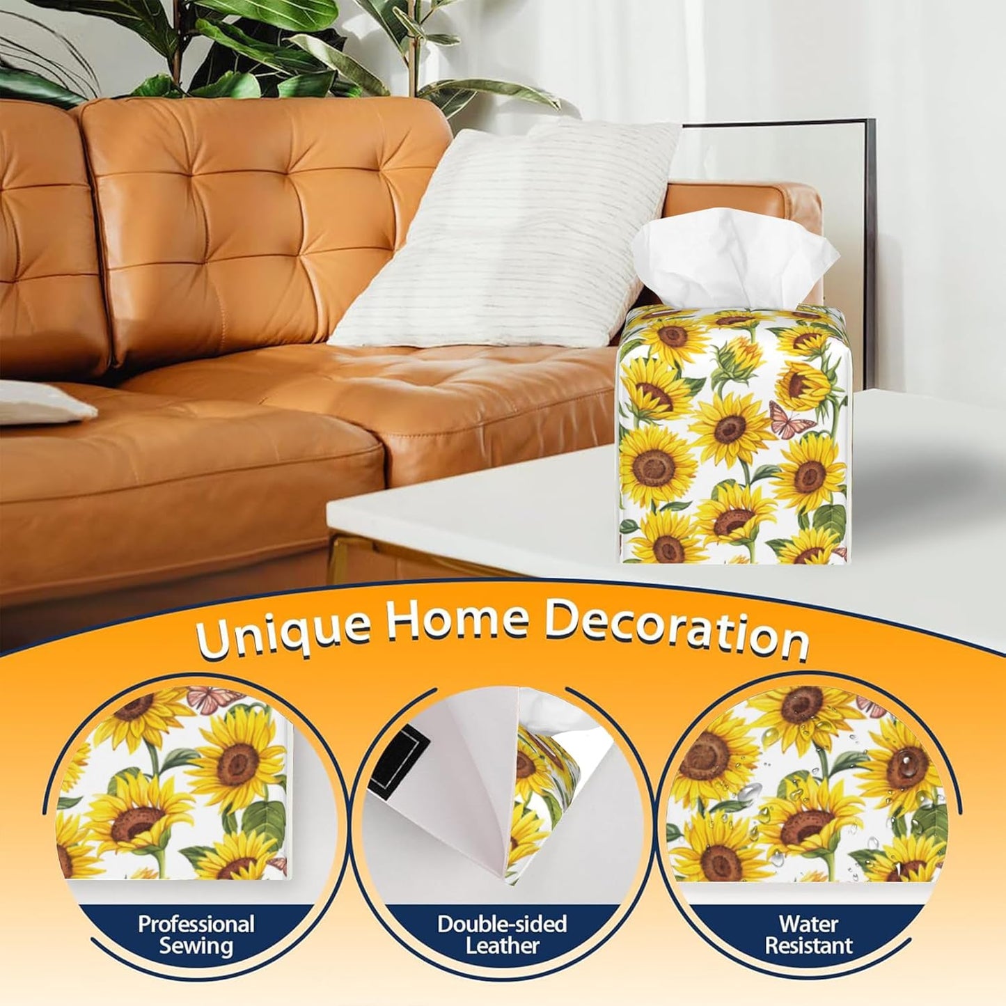 Tissue Box Cover Square,Sunflowers and Butterfly Tissue Box Holder Waterproof Leather Facial Paper Case Modern Home Decoration for Bedroom Dresser Night Stand Office Desk