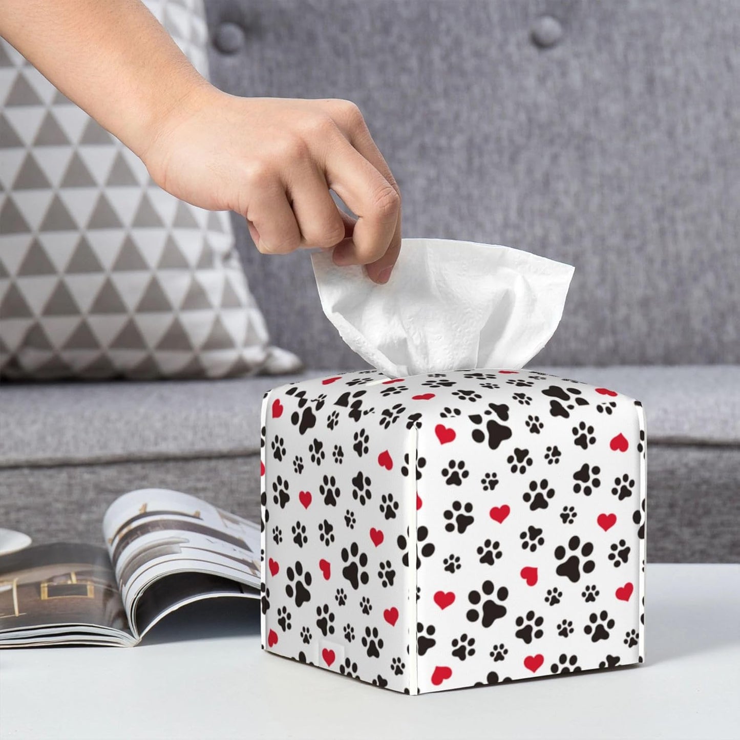 Dog Paw Cat Paw Heart Love Tissue Box Cover Square, Animal Puppy Footprints Tissue Box Holder Waterproof Leather Facial Paper Organizer Dispenser for Bathroom Home Car Nightstand Vanity Desk