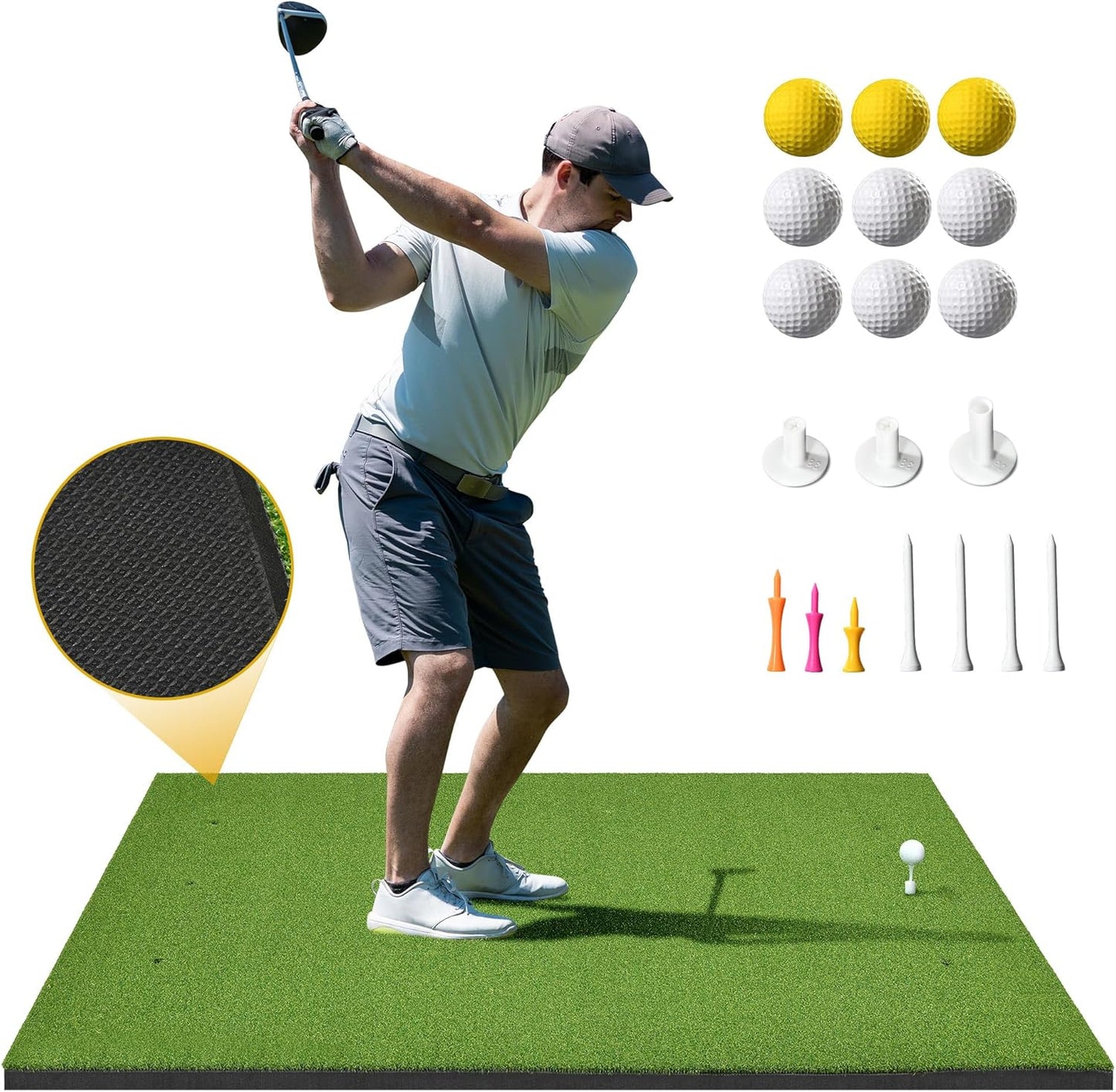 5x4ft Golf Hitting Mat, Thickened 21mm/31mm/36mm Artificial Turf Golf Practice Mats for Indoor Outdoor Backyard Driving Swing Training with 9 PU Balls, 3 Rubber Tees, 7 Tees