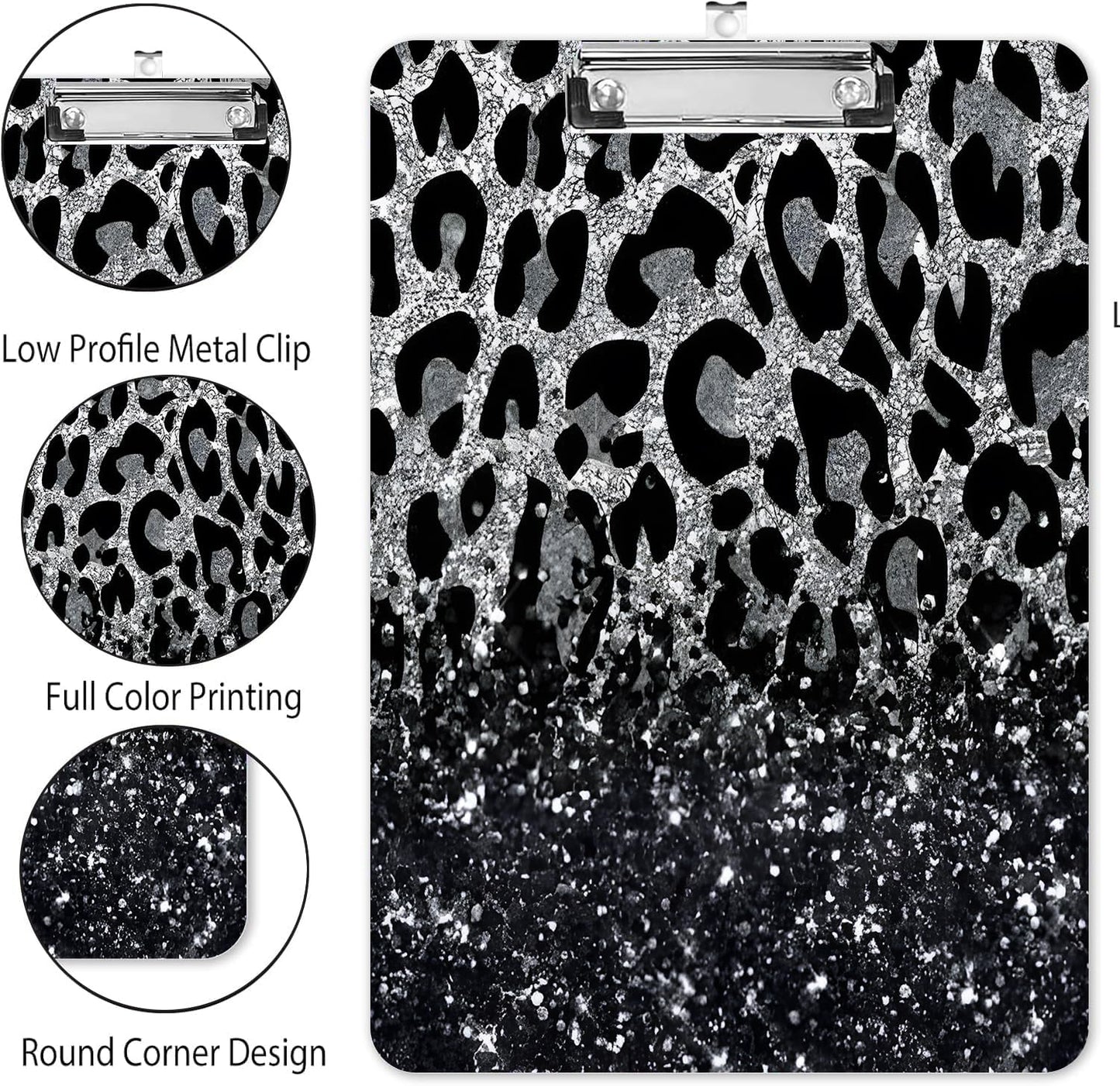 Fashion A4 Clipboard, Standard Letter Size 9" x 12.5", Decorative Wooden Clipboard with Low Profile Metal Clip for Office, School, Teachers, and Students,Luxury Black Leopard