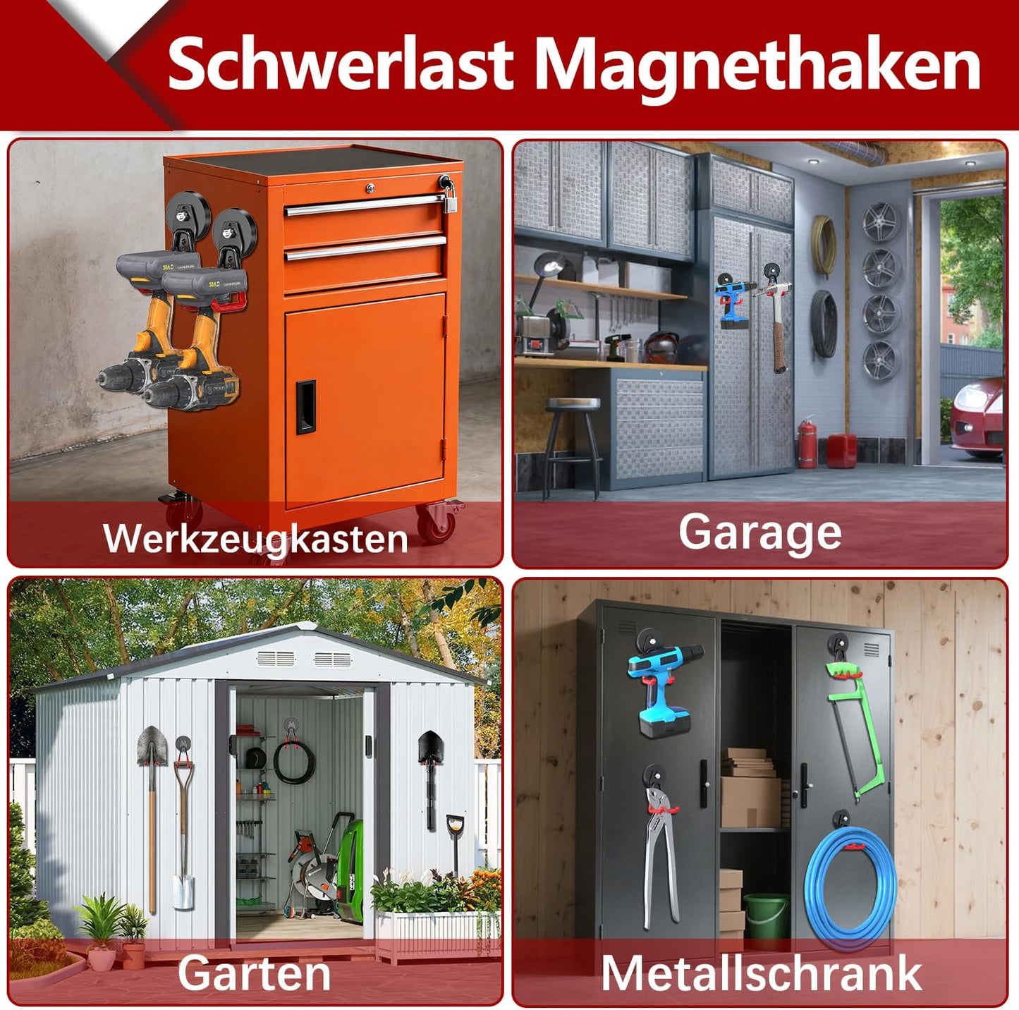 3-H Heavy Duty Magnet Garage Hooks 2 Pack, Large Strong Magnetic Hooks for Hanging Cordless Power Drill, Utility Magnetic Tool Holder for Metal Cabinet, Steel Pegboard, Toolbox, Garage(Red)