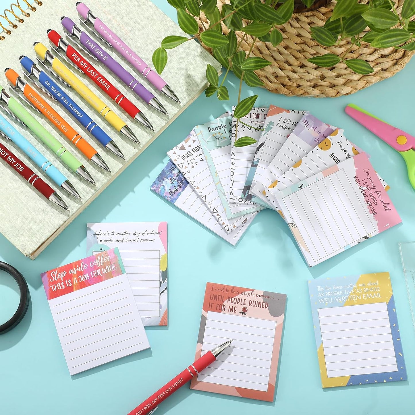 Geyee 24 Pcs Funny Sticky Notes with Funny Pens Fun Notepads for Adults Coworkers Nurse 3 x 4 Inch to Do List Notepads with Sayings Pen for Lab Week Gifts Teacher Office Supplies