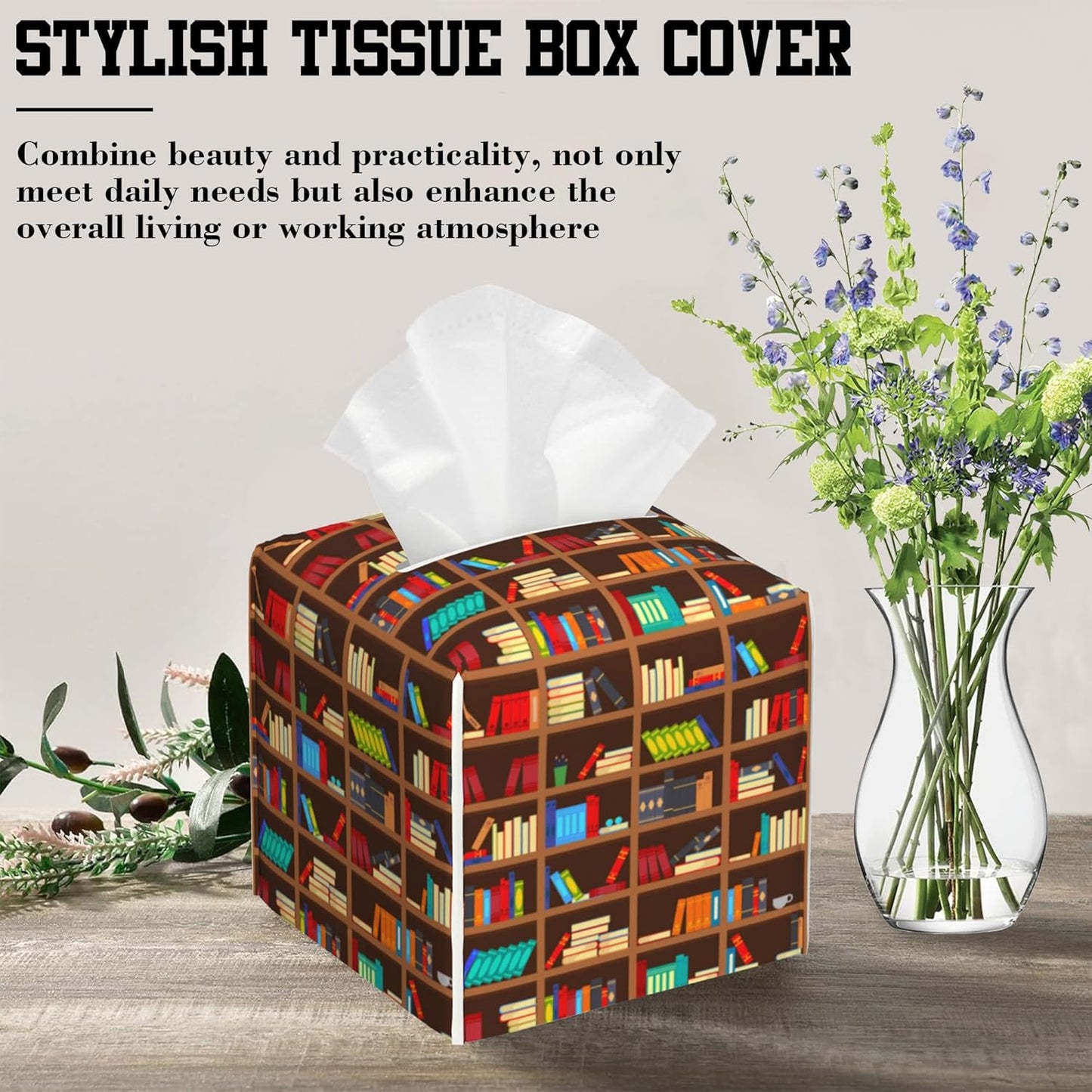 Books in Bookcase Tissue Box Cover Square, Library Shelves Tissue Box Holder Leather Facial Paper Case Decorative Organizer Holder Dispenser Home Office Car Decor