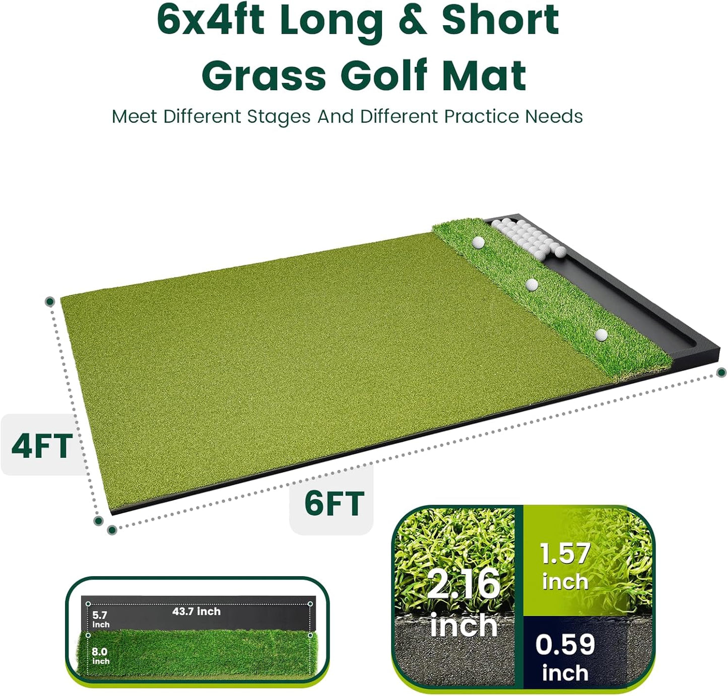 Golf Hitting Mat with Ball Tray 5x4ft - 6x4ft Dual-Turf Practice Mat for Indoor & Outdoor Use Golf Training Mat with Rubber Tee Holes, Suitable for Swing Driving & Chipping