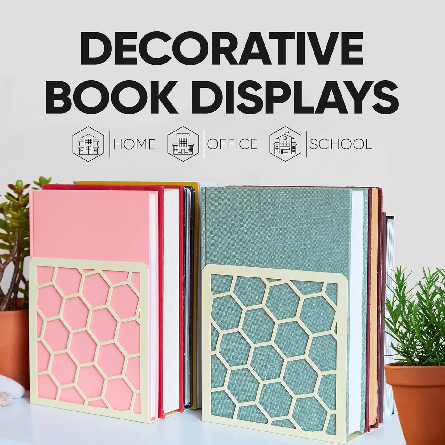 GEOMOD Geometric Honeycomb Yellow Metal Bookends Decorative - Tall Sturdy Book Ends for Shelves - Modern Heavy Duty Bookend Stopper - Office Shelf Book Holder - 6x3.25x6.25 Inches - 2 Pair