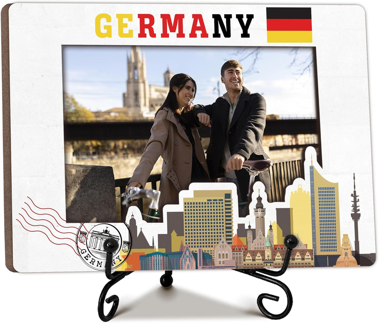 Germany Travel Picture Frame, 5 x 8 Germany Themed Wooden Photo Frame with Stand, Vacation Anniversary Honeymoon Gifts For Friend Family Couples, Home Office Desk Decorations-A04
