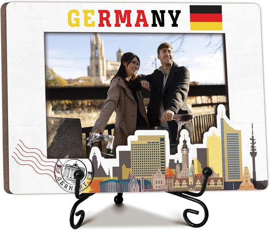 Germany Travel Picture Frame, 5 x 8 Germany Themed Wooden Photo Frame with Stand, Vacation Anniversary Honeymoon Gifts For Friend Family Couples, Home Office Desk Decorations-A04