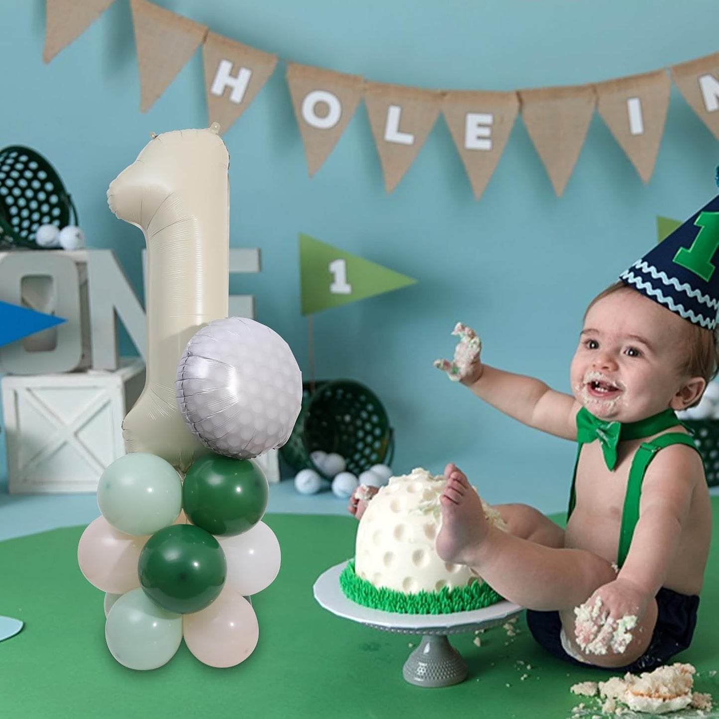 Hole-in-One Birthday Balloons - Golf Birthday Balloon Decorations, Golf Party Tower Set, White and Green 1 Aluminum Foil Balloon for Sports Party Anniversary Supplies
