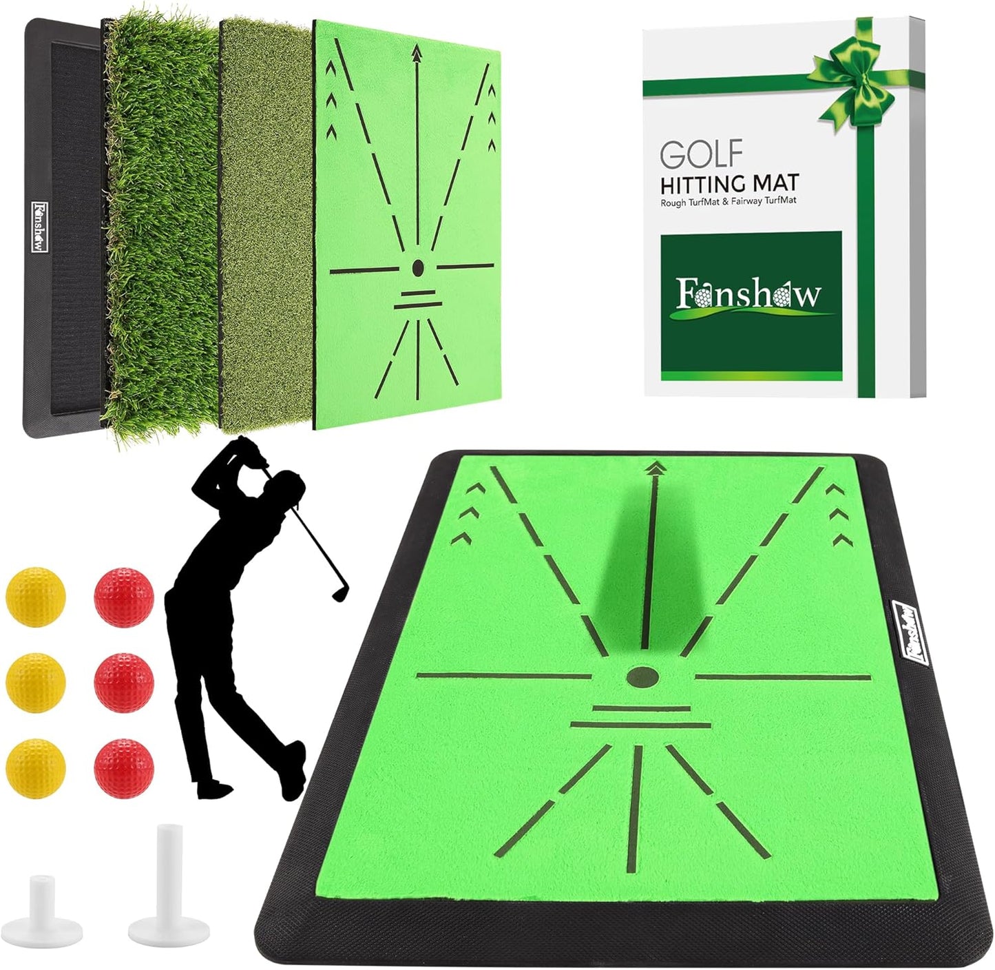 Golf Hitting Mat – Golf Pratice Mat with Longer Swing Path Trajectory, 3-in-1 Includes Fairway, Rough & Putting Pad Training Mats on No-Slip Rubber Base, Golf Hitting Mats, Simulator Must Haves