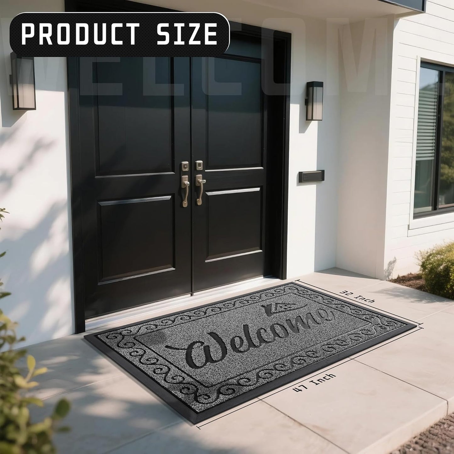 Yimobra Welcome Mat, Heavy Duty Sturdy Door Mats for Home Entrance Outdoor Indoor, Front Doormat for Outside Patio Floor Entry Porch Garage Office, Waterproof, Low Profile, 47X32 Inches, Black Grey