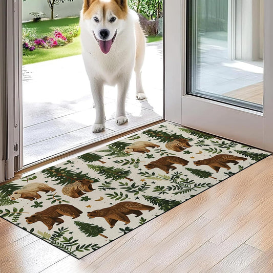Bear Indoor Door Mat,Cute Woodland Pine Tree Retro Floor Doormat,17x29.5in,Non Woven Non Slip Rubber Backing Forest Animal Rug for Porch Insider,Bedroom,Kitchen,Doormats Gifts,Rv Camper Decor
