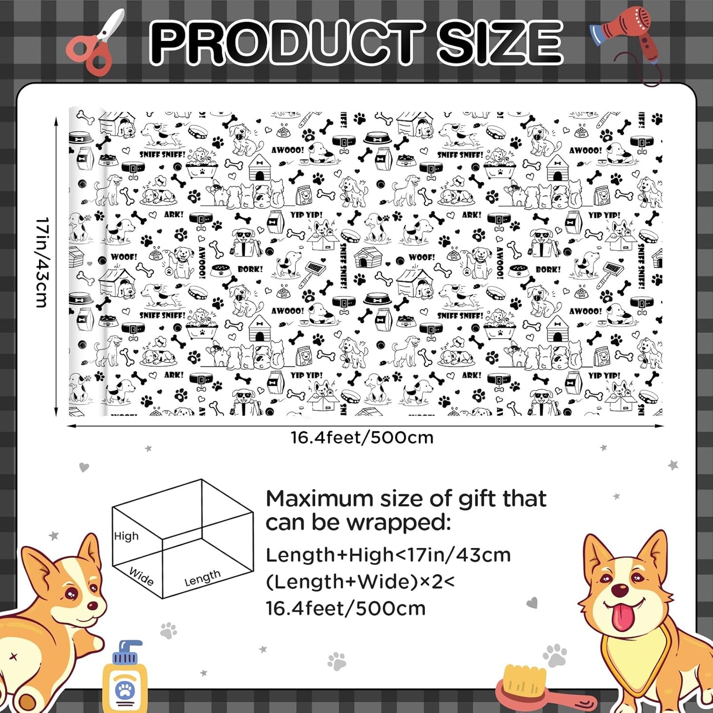 Dog Wrapping Paper Roll - Puppy Theme Gift Wrap Black&White Paws Gift Packing Paper for Pet Parties,Birthdays,Adoption Celebrations,17Inch x16.4Feet