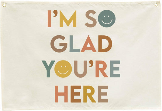Classroom Wall Decor-Teacher Gifts-Welcome Poster-Nursery Decoration-Hanging Rectangle Banner Flag Wall Decor-Positive Affirmation Motivational Quote-I'm So Glad You're Here-28.5"L×20"W