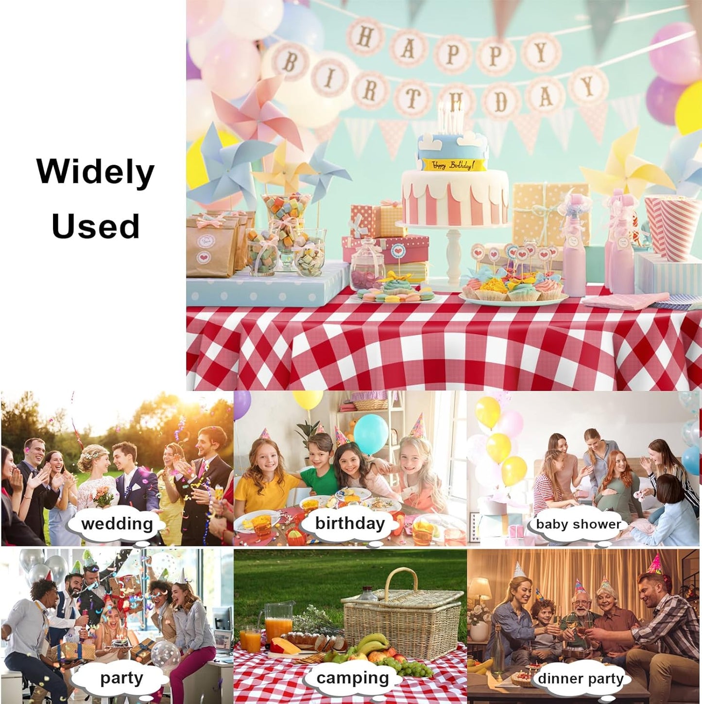 3 Pack Red and White Checkered Tablecloth, Round Red Gingham Plastic Table Cloths for Parties Disposable, 84x84 in Waterproof Camping Tablecloth for Birthday Party Baby Shower Picnic School