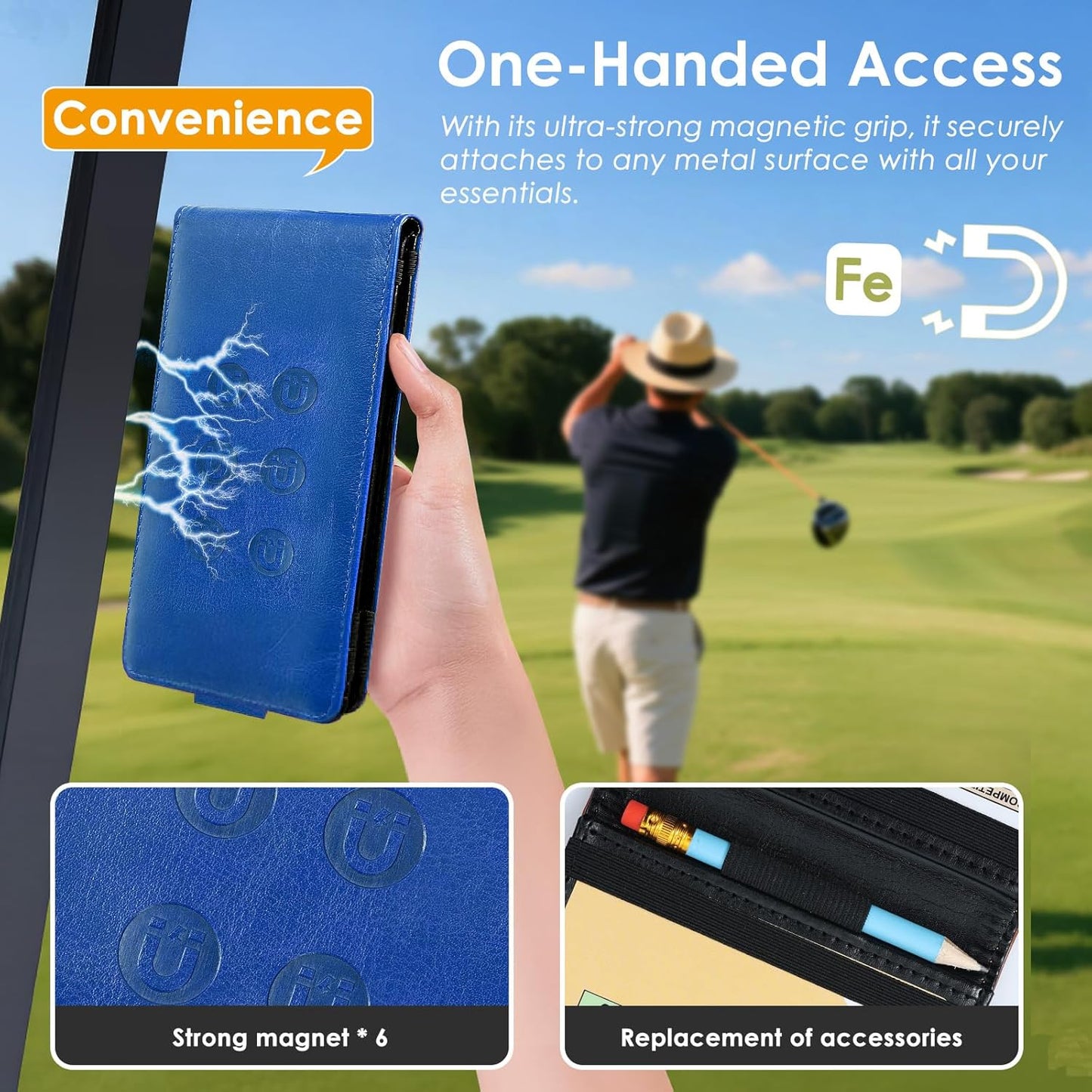 All-in-One Magnetic Golf Scorecard Holder Yardage Book Cover, Premium Leather Scorecard Holder, Universal Fit for Scorecards, Sleek Design for Back Pocket Convenience Blue