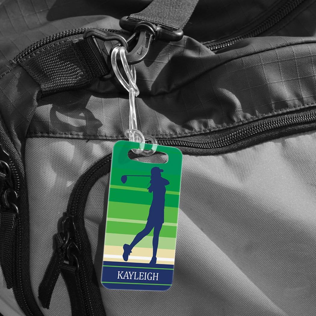 ChalkTalkSPORTS Golf Luggage & Bag Tag | Personalized Female Golfer | Standard Lines on Back | Small | Green
