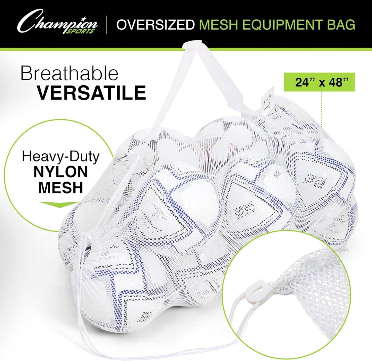 Champion Sports Mesh Equipment Bag – Heavy-Duty Nylon Drawstring Bag with Lock & ID Tag, Breathable Storage Sack for Balls, Swim Gear, Laundry & Toys, Multiple Sizes & Colors