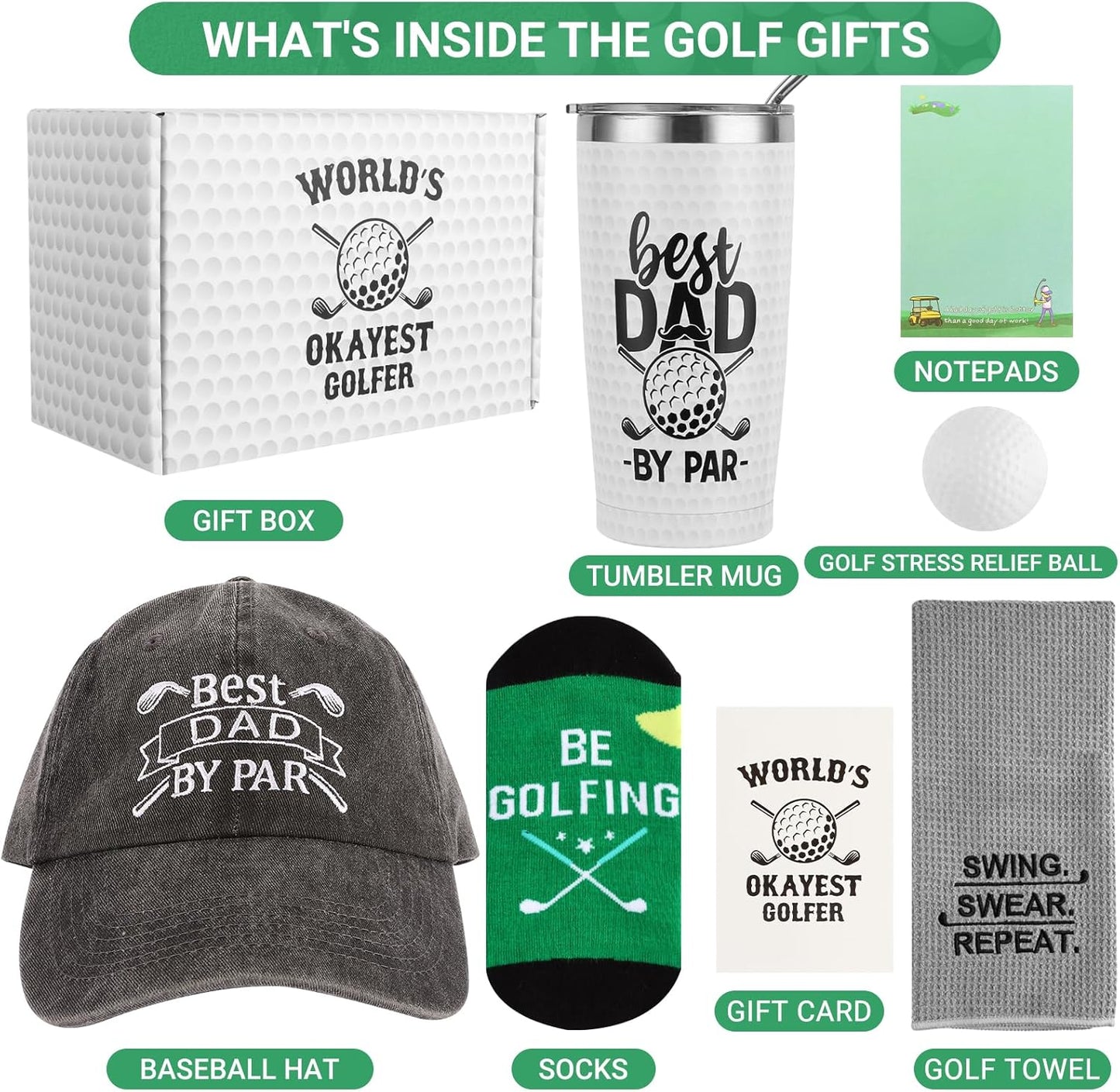 Golf Gifts for Dad Unique Gift for Father Funny Golf Gifts for Men Including Tumbler Mug Socks Sport Towel Baseball Cap Notepad Relief Stress Ball for Birthday Christmas Father Day