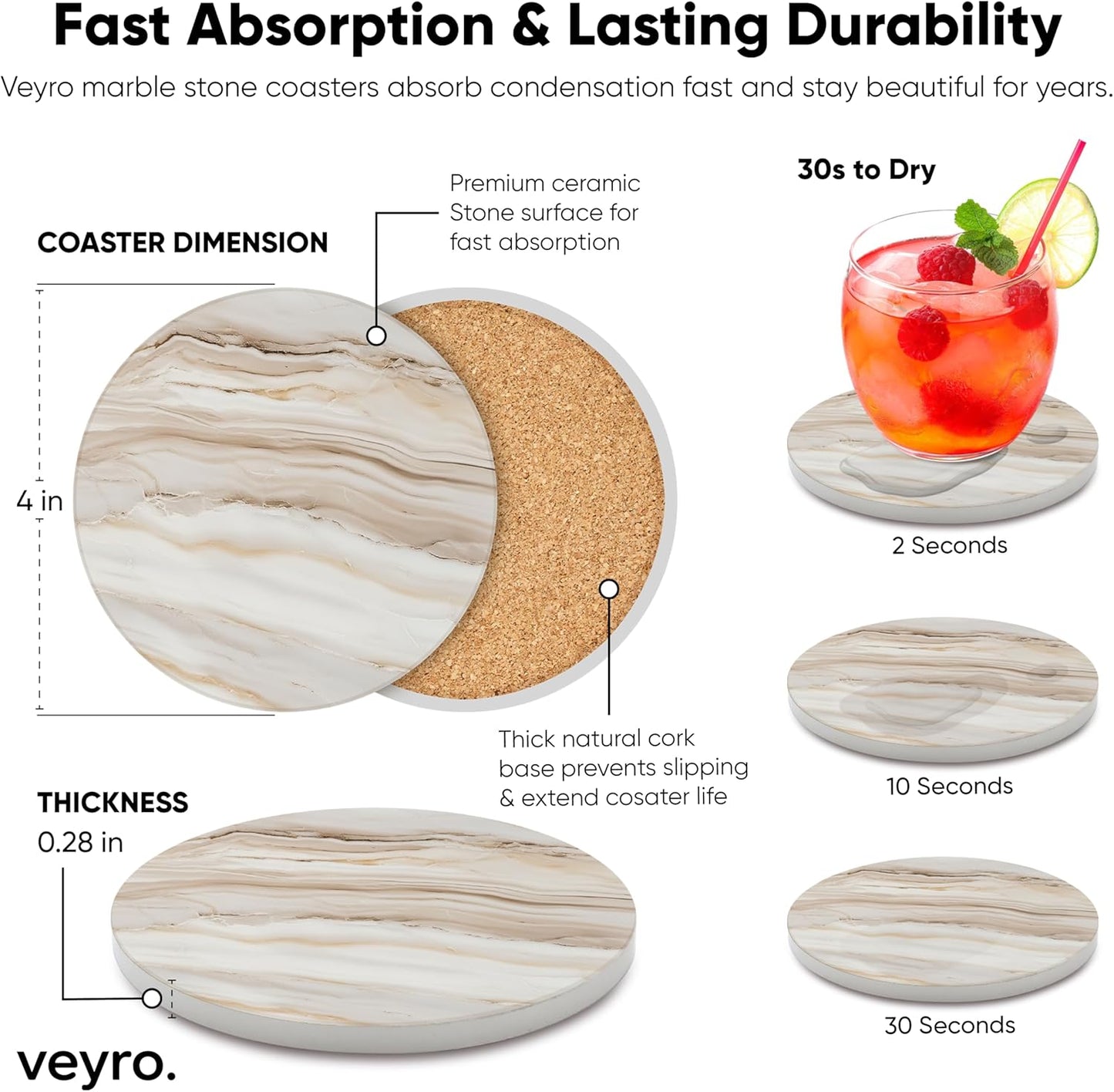 VEYRO Coasters Set of 4 for Drinks – Absorbent Ceramic Stone Drink Coasters with Cork Backing for Coffee Table & Desk, Modern Marble Look Cup Coaster Set, Housewarming Gift for New Home