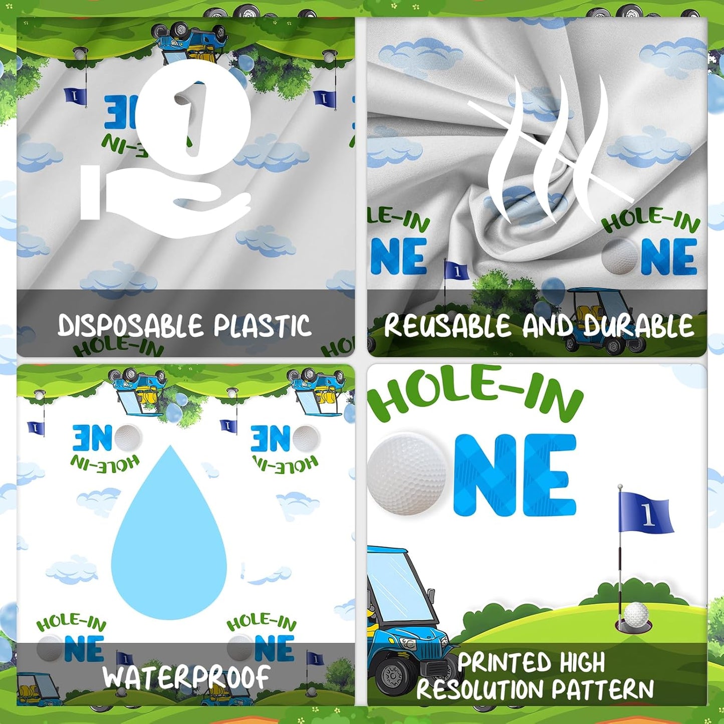 Golf Tablecloths Hole-in One Waterproof Table Covers for Golf Theme Party Baby Shower Kids 1st Birthday Sport Events Decorations Dinner Banquet Supplies 53x108 Inch