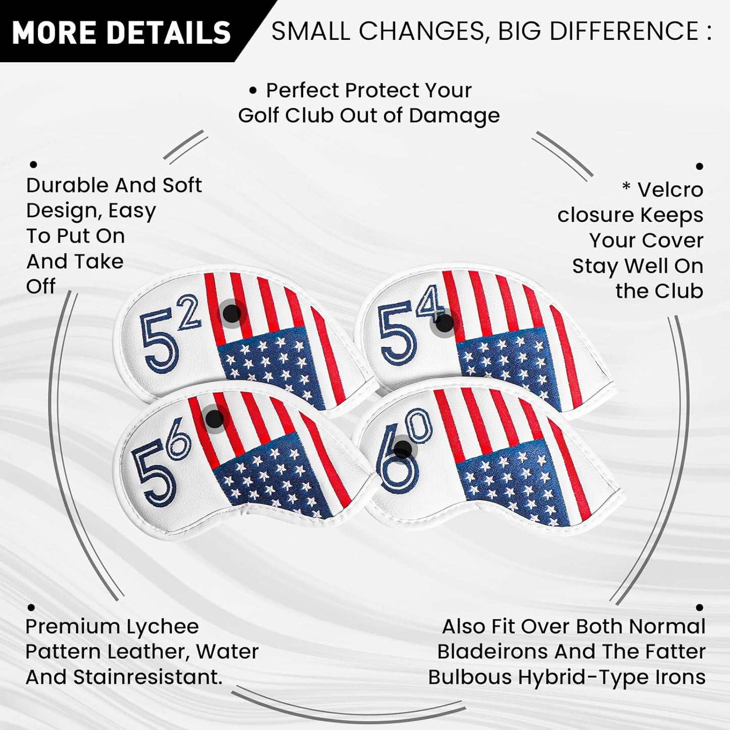Golf Iron Wedge Head Covers 52° 54° 56° 60° 1 or 4 Pack, Synthetic Leather Clover USA Flag Design Club Head Protection, Universal Headcover Fit Iron Clubs for Men Women