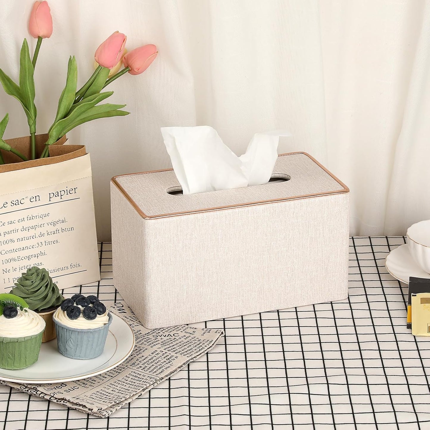 Sumnacon Rectangular Linen Tissue Box Cover - Stylish Tissue Box Holder with Magnetic Bottom, Decorative Tissue Box for Bathroom Toilet Vanity Night Stand Table Countertop Office, Beige Linen Texture