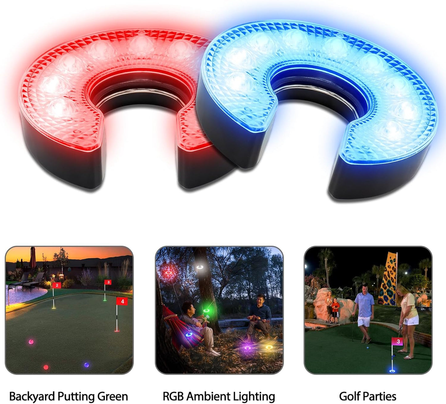 KINGTOP Mini Golf Flagstick with RGB Hole Light, Practice Putting Green Flags for Yard, Golf Pin Flag Hole Cup Set, Light Up Night Golf Party, 4-Pack