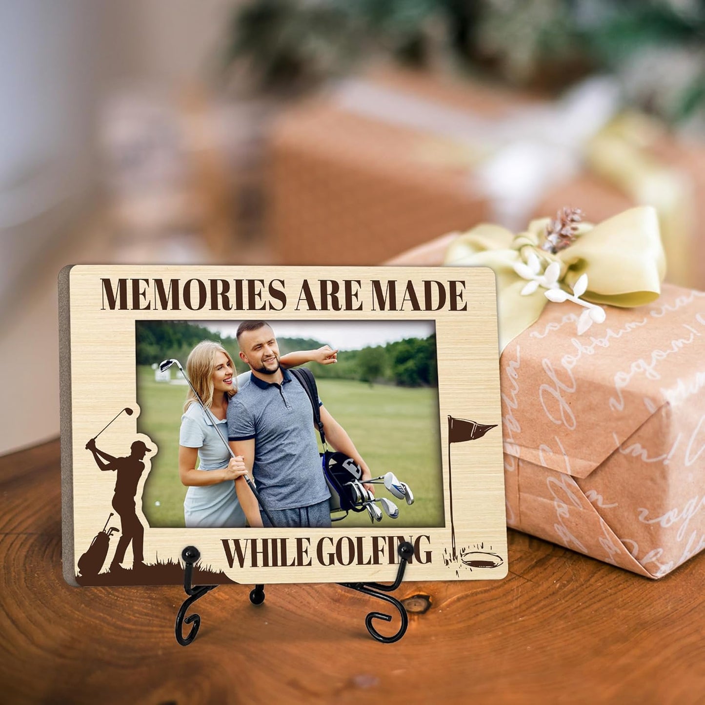 Special Golf Gifts for Family Golfer, Warm Memory Gifts for Female Male Friend, Golf Decorative Photo Frame, Horizontal Wooden Picture Frame with Stand, Home Office Desk Decor-B27