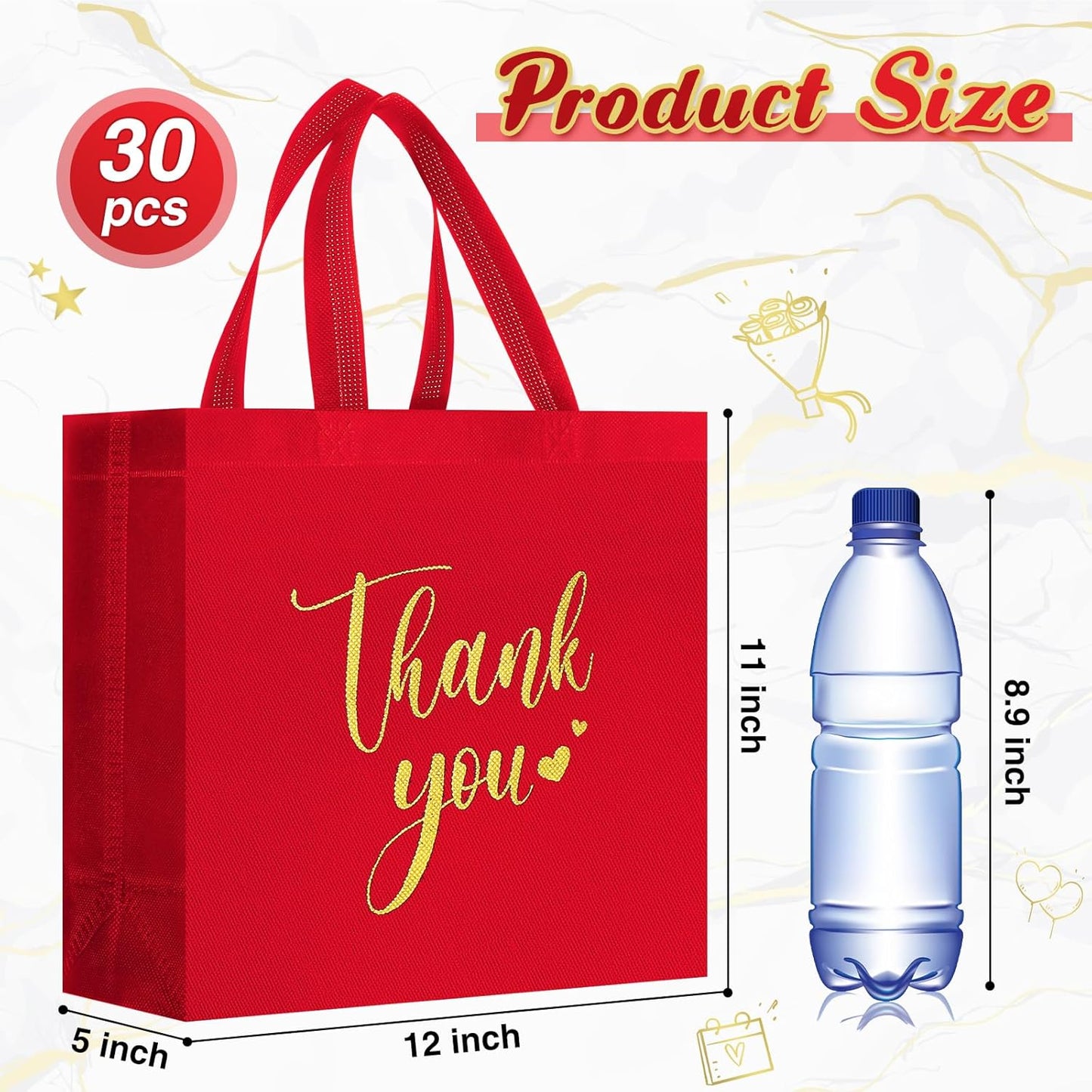 Sweetude 30 Pcs Thank You Gift Bags with Handles Bulk Reusable Goodie Bag Non Woven Foldable Handbag for Graduation Wedding Bridesmaid Gifts(11 x 12 x 5 Inch,Red)