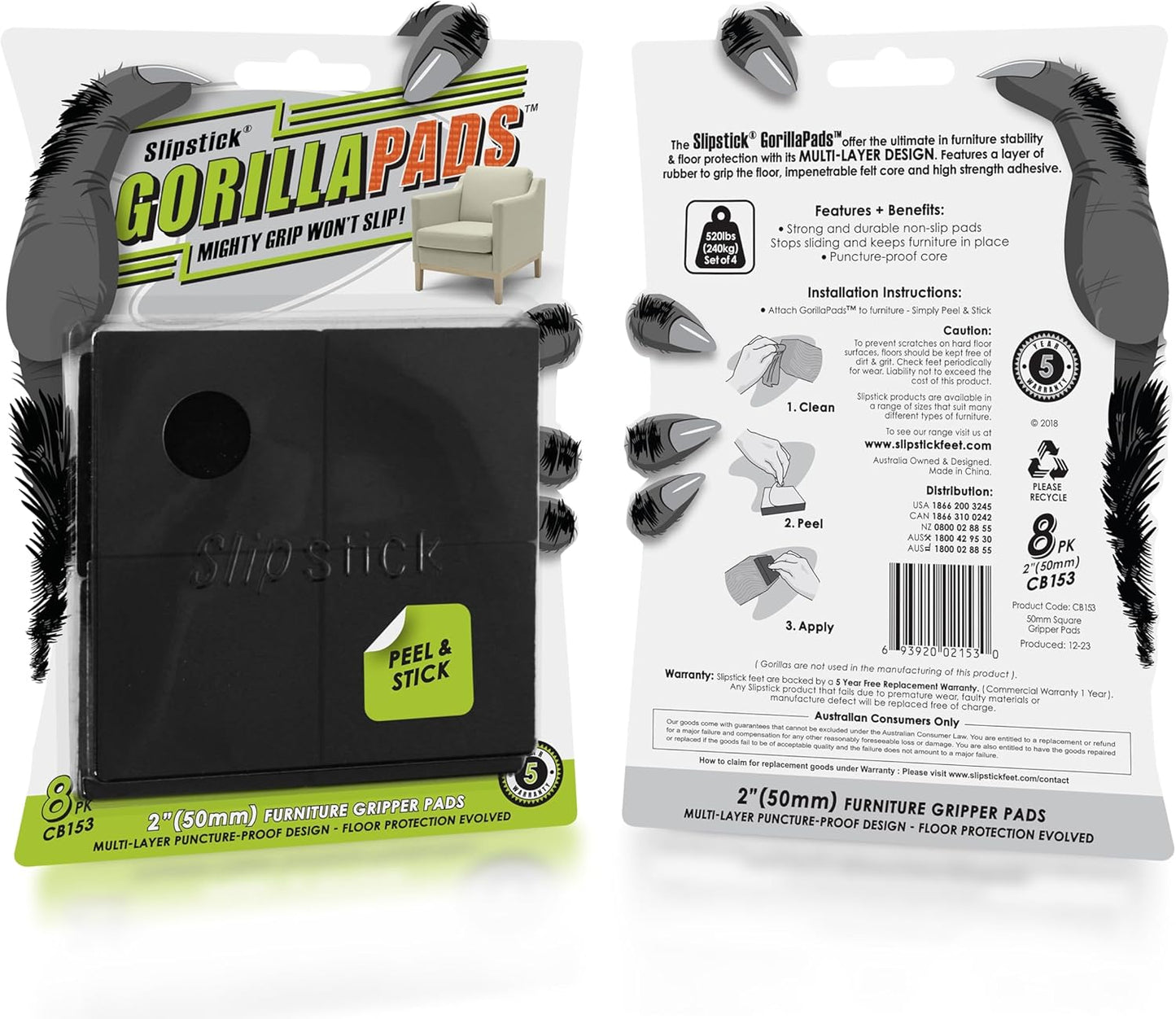 Slipstick GorillaPads Non Slip Furniture Pads/Gripper Feet Floor Protectors (Set of 8) Premium 2 Inch Square Self Adhesive Rubber Stoppers for Furniture Legs