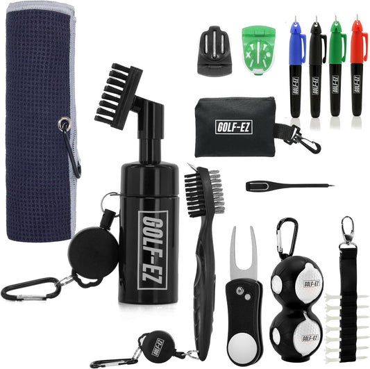Golf Essentials Kit | Must Have Golf Accessories - Golf Water Brush, Golf Towel, Golf Club Brush, Golf Ball Marker, Divot Repair Tool, Golf Ball & Golf Tee Holder, Golf Gifts for Men
