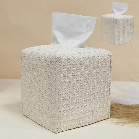 HOMOTEK 2 Pack Tissue Box Cover,PU Leather Tissue Holder,Square Decorative Facial Tissue Cube Paper Organizer Dispenser for Bathroom, Night Stands, Desk, Car 5X5X5'' - Rattan Weave, Ivory