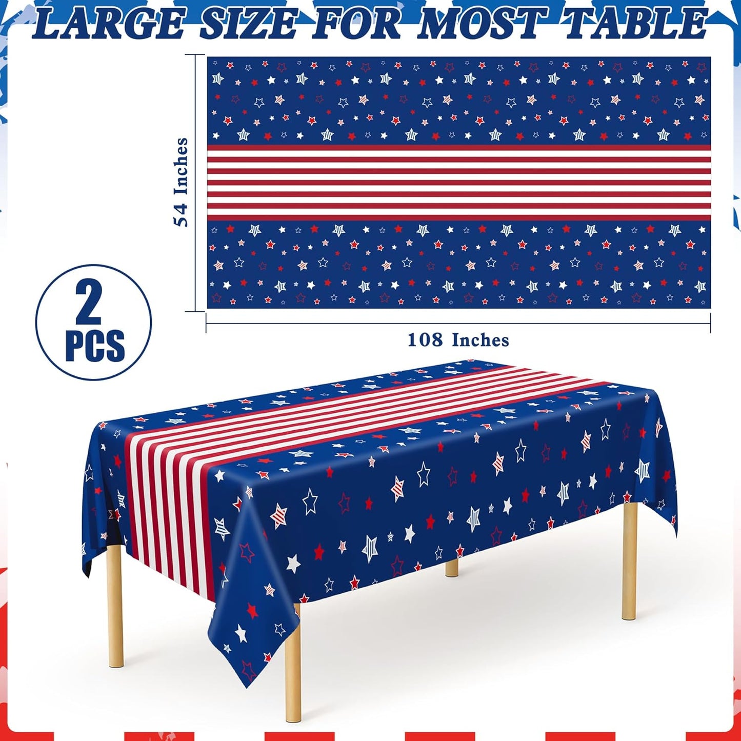 QZYL 2 Pack 4th of July Tablecloth, 54" x 108" American Plastic Table Cover, Disposable Red White Blue Tablecloths Fourth of July Table Cloth, Patriotic Party Supplies Independence Day Decorations