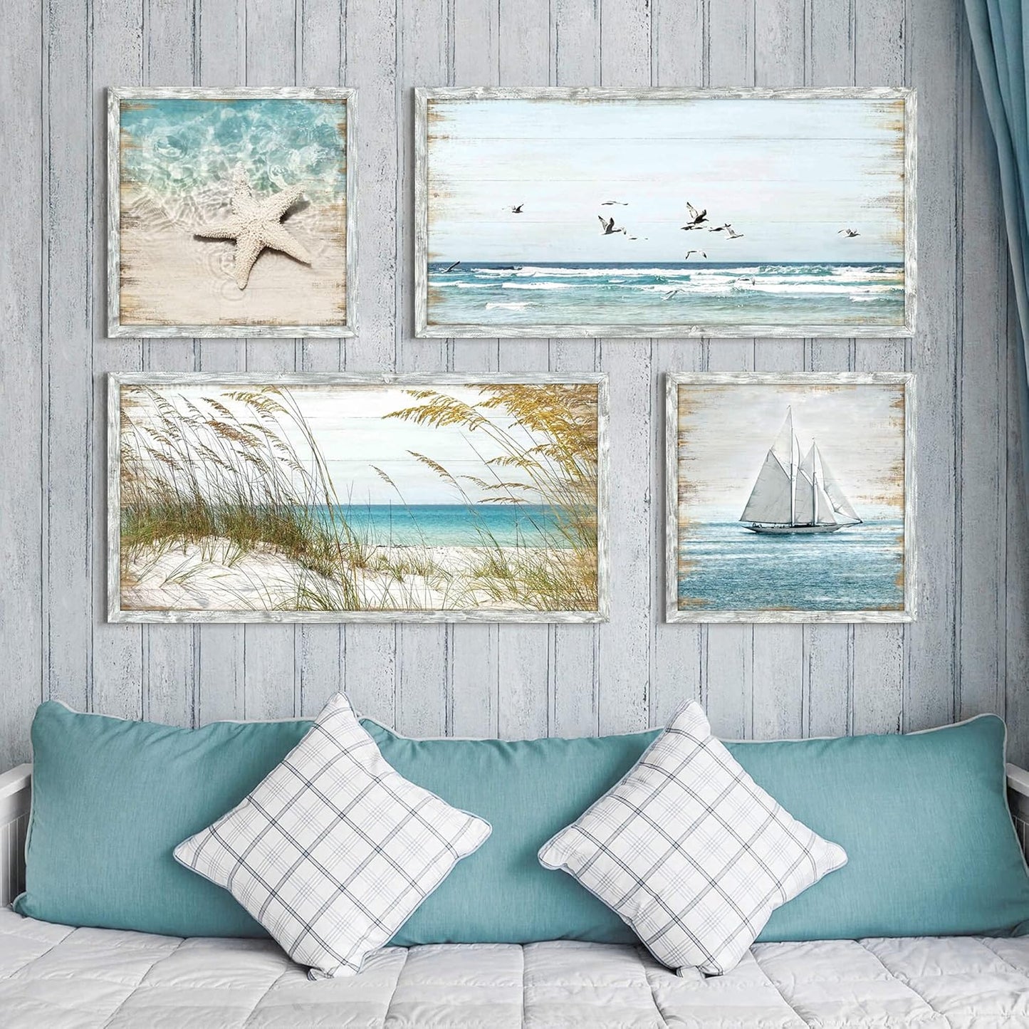 Coastal Framed Wooden Wall Art: Beach Art Ocean Prints Set of 4 Starfish Pictures Seascape Artwork for Living Room Overall 48"W x 32"H