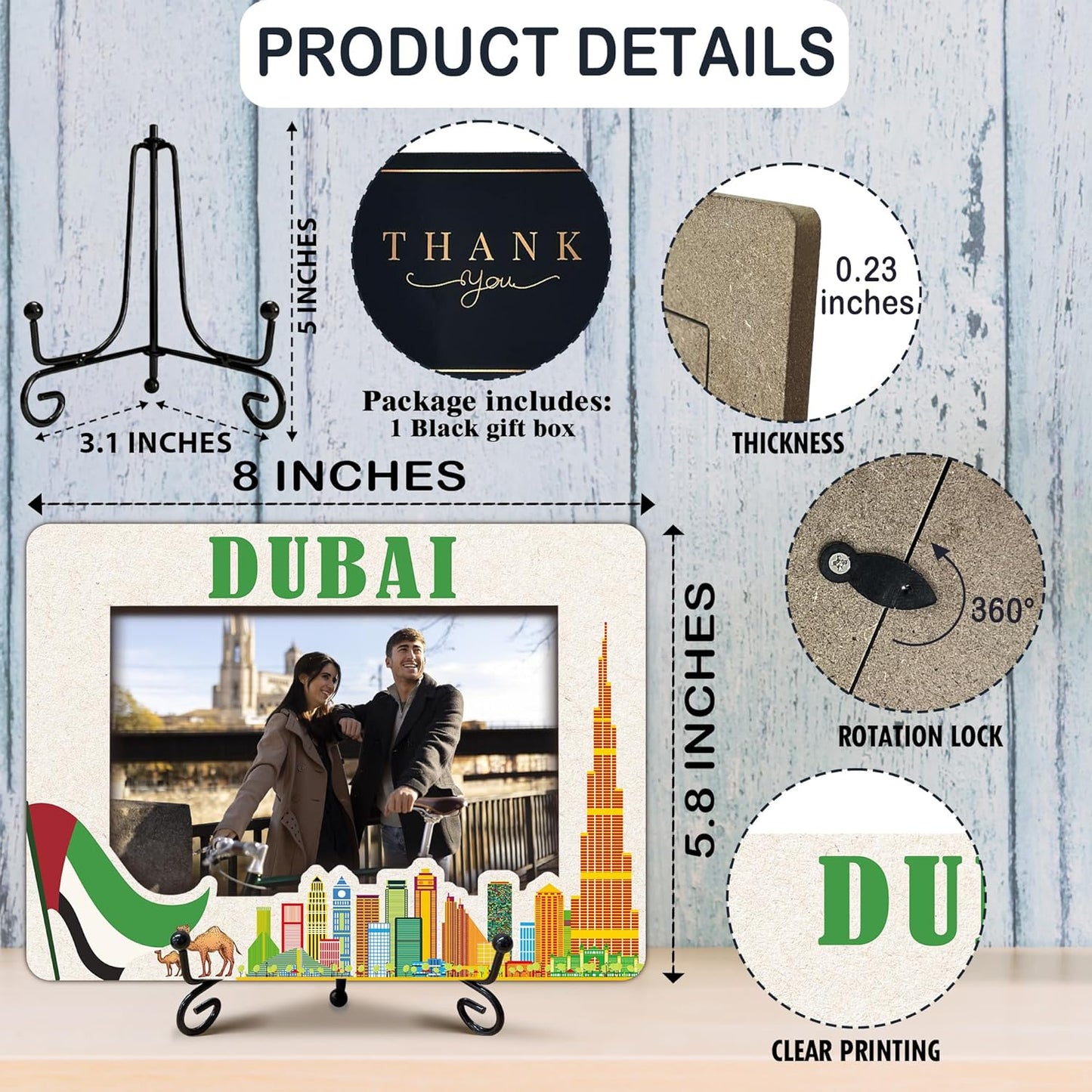 Dubai Travel Picture Frame, 5 x 8 Dubai Themed Wooden Photo Frame with Stand, Vacation Anniversary Honeymoon Gifts For Friend Family Couples, Home Office Desk Decorations-A18