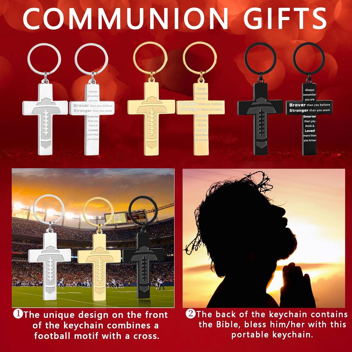 Football/Baseball/Soccer/Basketball Cross Keychains for Men First Communion Baptism Confirmation,Mens Gifts