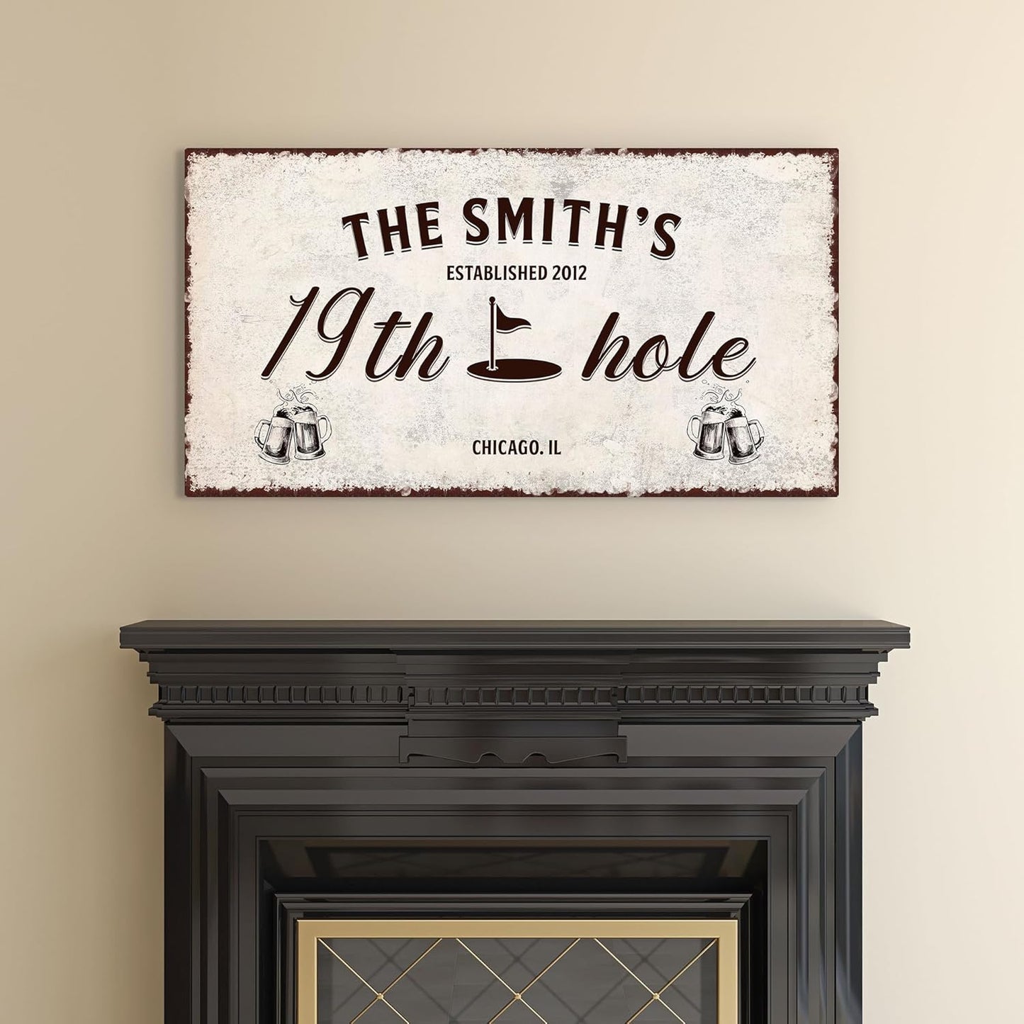 Awesometik 19th Hole Retro Vintage Golf Wall Art Sign with Beer Mugs, 12x24 inches, Wooden Canvas, Wall Mount, Adult Golfer Man Cave Bar Decor