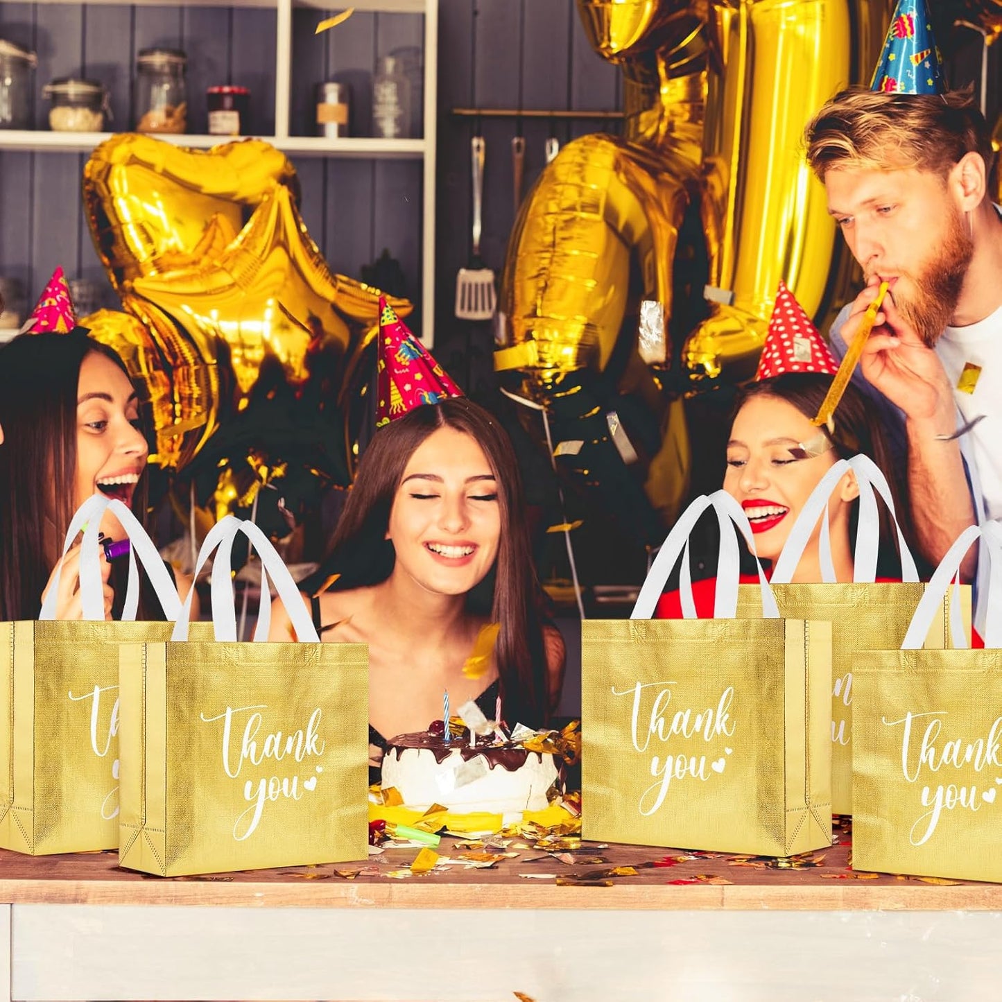 Sweetude 30 Pcs Thank You Gift Bags with Handles Bulk Reusable Goodie Bag Non Woven Foldable Handbag for Graduation Wedding Bridesmaid Gifts(11 x 12 x 5 Inch,Gold)