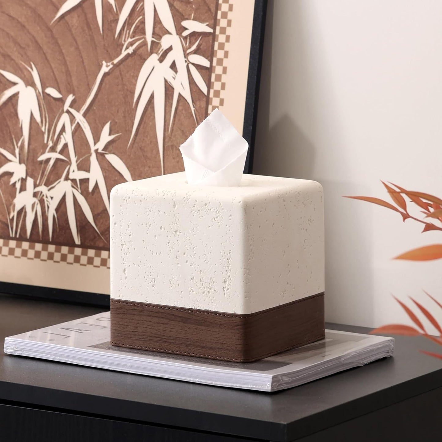 Tissue Box Cover Rectangle, Resin Facial Tissue Holder Covers Toilet Paper Holder Decorative Paper Dispenser Home Decor for Bathroom Bedroom Living Room Office (Off White with Leather)